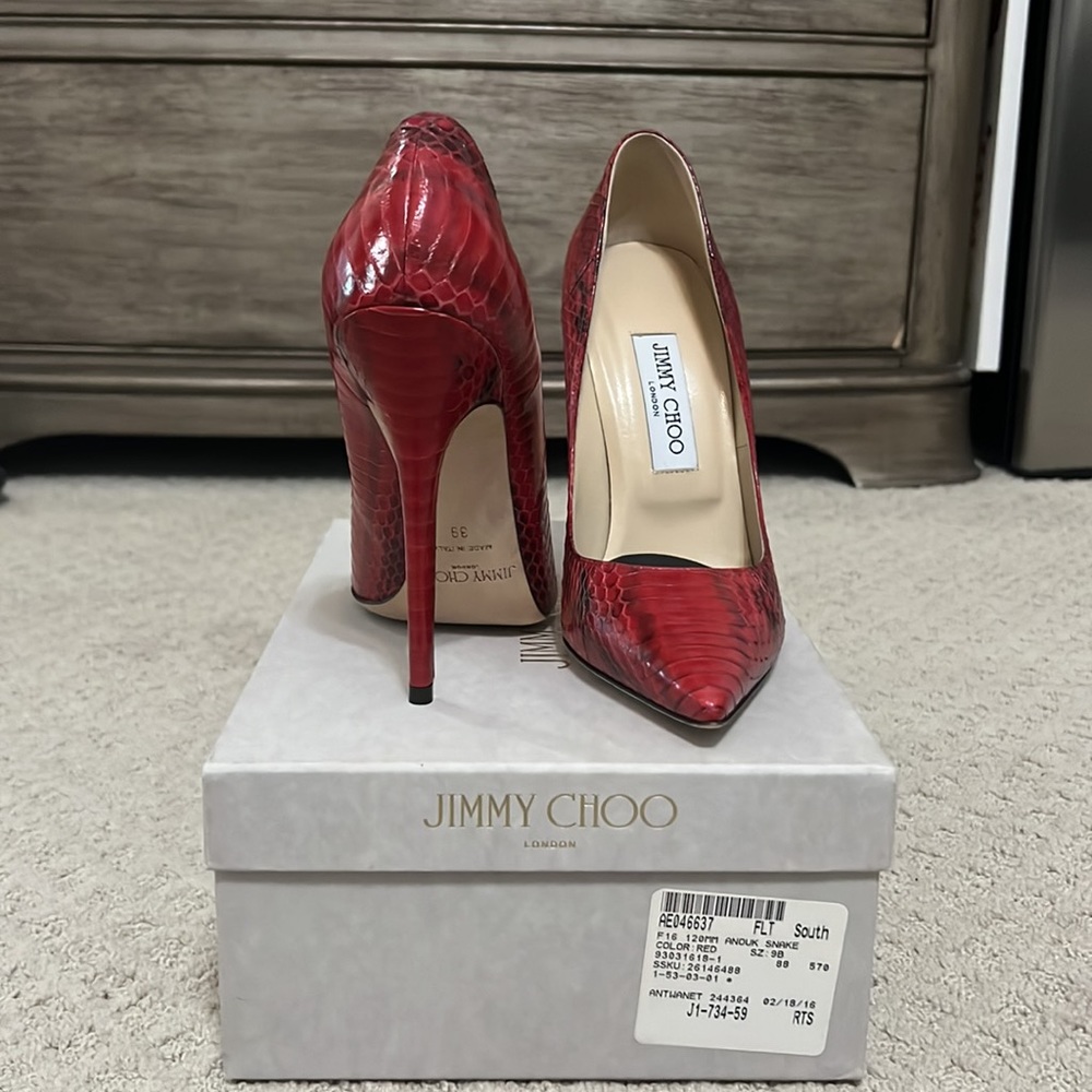 Jimmy Choo Red Snakeskin Pointed Toe Stiletto Pumps